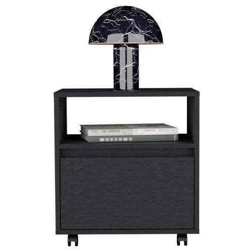 Nightstand 20inch H, with One Open Shelf, 1 Drawer and Casters, Black