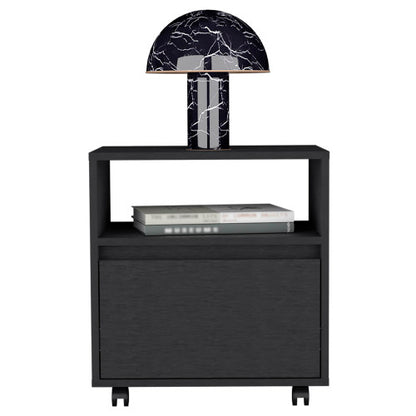 Nightstand 20inch H, with One Open Shelf, 1 Drawer and Casters, Black