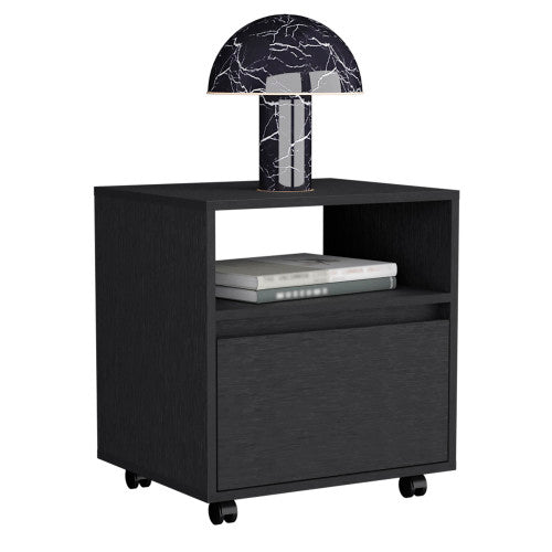 Nightstand 20inch H, with One Open Shelf, 1 Drawer and Casters, Black