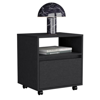Nightstand 20inch H, with One Open Shelf, 1 Drawer and Casters, Black