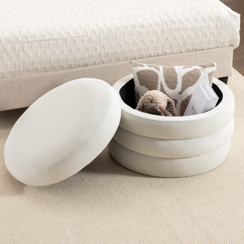 24.41 Inch Ivory Velvet Round Storage Ottoman, Reversible Tray Lid Footstool with Wooden Shelf, 54L Capacity