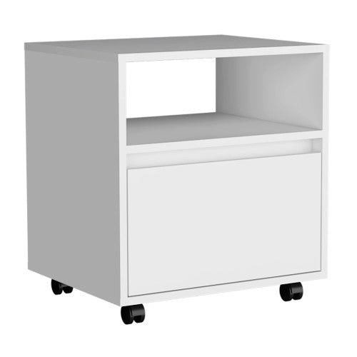 Nightstand 20inch H, with One Open Shelf, 1 Drawer and Casters, White