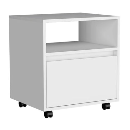 Nightstand 20inch H, with One Open Shelf, 1 Drawer and Casters, White