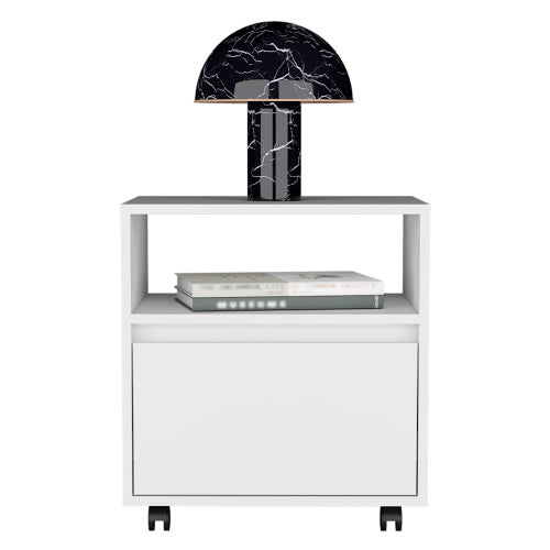 Nightstand 20inch H, with One Open Shelf, 1 Drawer and Casters, White