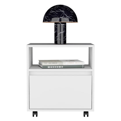 Nightstand 20inch H, with One Open Shelf, 1 Drawer and Casters, White