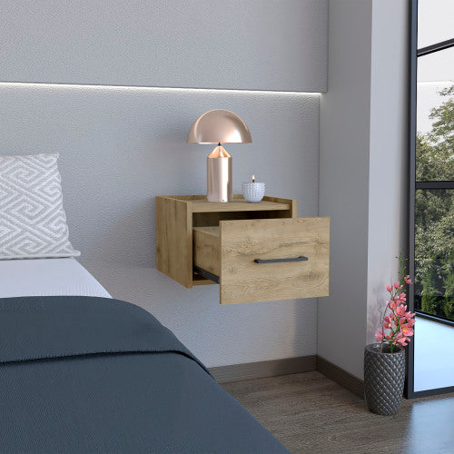 Floating Nightstand with Drawer, Wall Mounted Bedside Table, Macadamia Finish