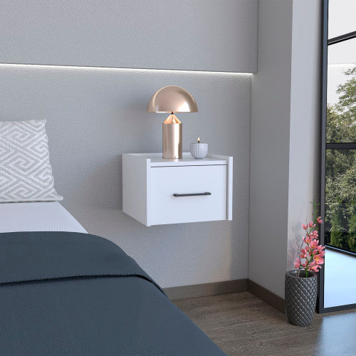 White Floating Nightstand with Drawer, Wall Mounted Bedside Table, Modern Space Saving Storage Shelf for Bedroom