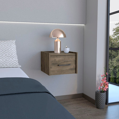 Floating Nightstand with Drawer, Wall Mounted Bedside Table, Dark Brown Finish