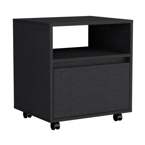 Nightstand 20inch H, with One Open Shelf, 1 Drawer and Casters, Black
