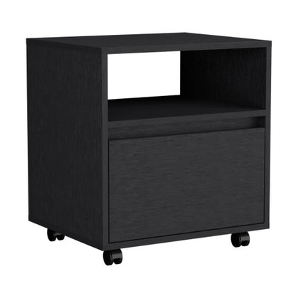 Nightstand 20inch H, with One Open Shelf, 1 Drawer and Casters, Black