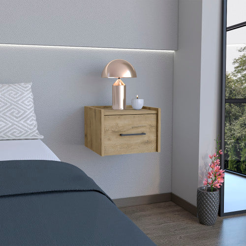 Floating Nightstand with Drawer, Wall Mounted Bedside Table, Macadamia Finish