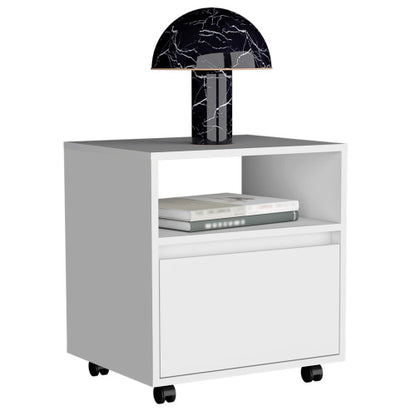Nightstand 20inch H, with One Open Shelf, 1 Drawer and Casters, White