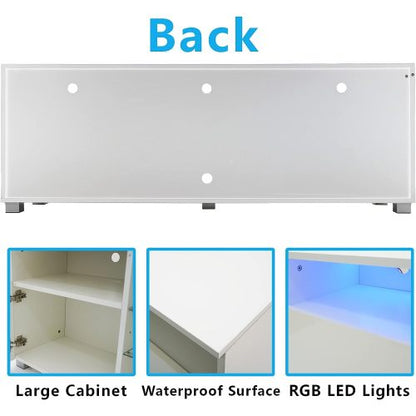 57.1 Inch Modern White LED TV Stand with Adjustable Glass Shelves & Large Drawer for 60 Inch TV