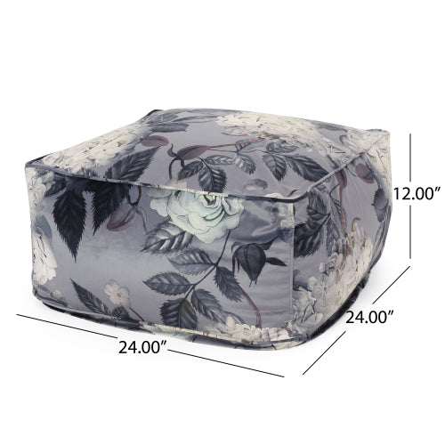 Gray Hazel Large Square Ottoman Pouf with Floral Print, Multiuse Floor Cushion Footrest for Living Room Bedroom