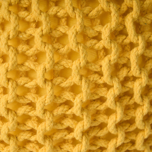 Round Ottoman Pouf with Knitted Cotton Cover, Yellow Floor Cushion