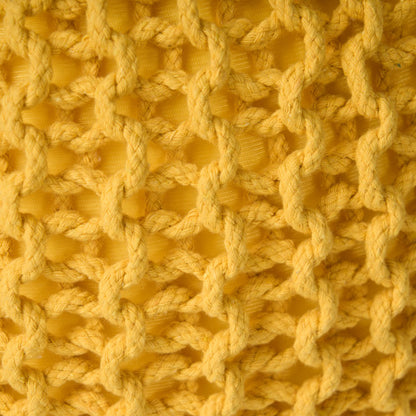 Round Ottoman Pouf with Knitted Cotton Cover, Yellow Floor Cushion