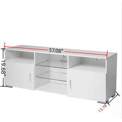 57.1 Inch Modern White LED TV Stand with Adjustable Glass Shelves & Large Drawer for 60 Inch TV