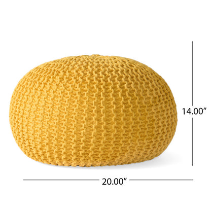 Round Ottoman Pouf with Knitted Cotton Cover, Yellow Floor Cushion