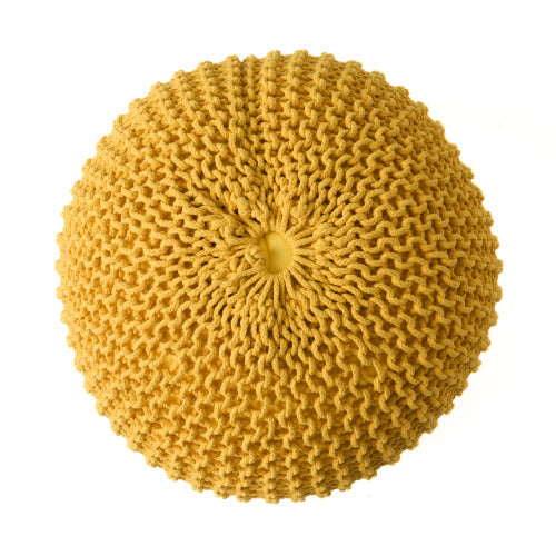 Round Ottoman Pouf with Knitted Cotton Cover, Yellow Floor Cushion