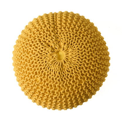 Round Ottoman Pouf with Knitted Cotton Cover, Yellow Floor Cushion