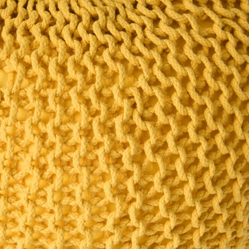 Round Ottoman Pouf with Knitted Cotton Cover, Yellow Floor Cushion