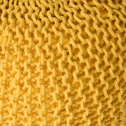 Round Ottoman Pouf with Knitted Cotton Cover, Yellow Floor Cushion