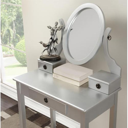 Moniya Silver Wood Makeup Vanity Table and Stool Set, 3 Drawers, Adjustable Oval Mirror