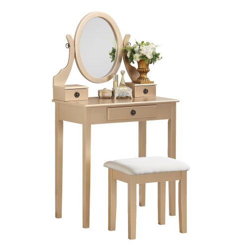 Wood Moniya Makeup Vanity Table and Stool Set, Gold