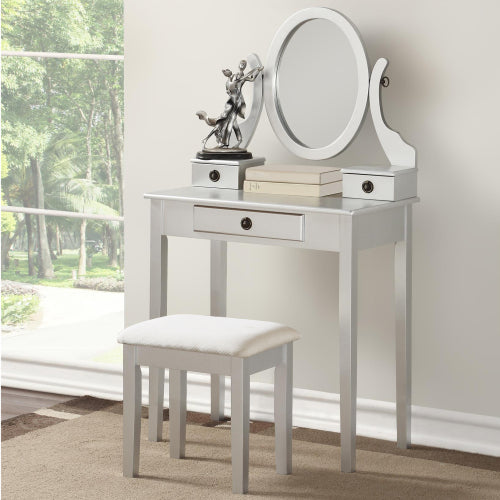 Moniya Silver Wood Makeup Vanity Table and Stool Set, 3 Drawers, Adjustable Oval Mirror