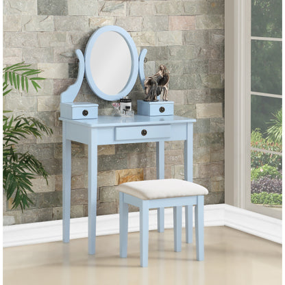 Moniya Blue Wood Makeup Vanity Table and Stool Set, 3 Drawers, Adjustable Oval Mirror