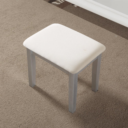 Moniya Silver Wood Makeup Vanity Table and Stool Set, 3 Drawers, Adjustable Oval Mirror