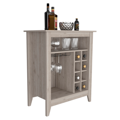 Bar- coffee cart 38 inch H, Kitchen or living room cabinet storage, with 8 bottle racks, a central shelf with  1 Cup holders, ideal for storing glasses, Light Gray