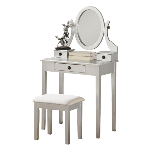 Moniya Silver Wood Makeup Vanity Table and Stool Set, 3 Drawers, Adjustable Oval Mirror