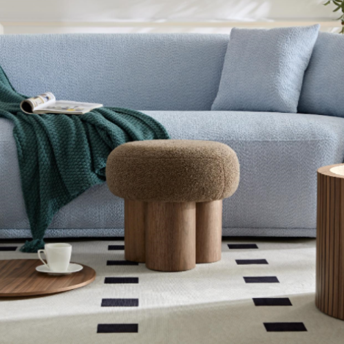 Brown Teddy Mushroom Ottoman Stool, Walnut Veneer Barrel Base Cute Footrest for Entryway & Kids Room