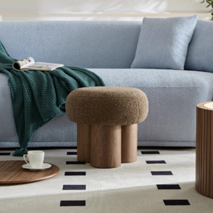 Brown Teddy Mushroom Ottoman Stool, Walnut Veneer Barrel Base Cute Footrest for Entryway & Kids Room