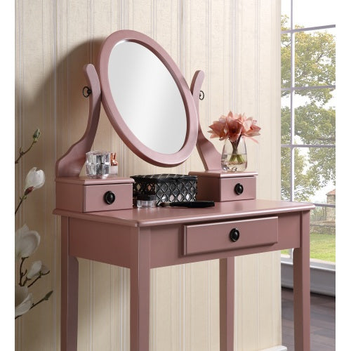 Moniya Rose Gold Wood Makeup Vanity Table and Stool Set, 3 Drawers, Adjustable Oval Mirror