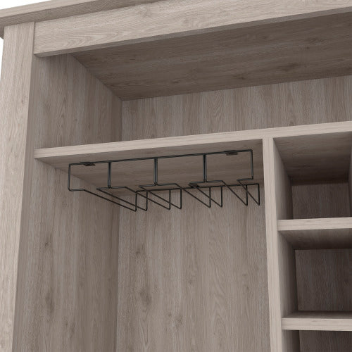 Bar- coffee cart 38 inch H, Kitchen or living room cabinet storage, with 8 bottle racks, a central shelf with  1 Cup holders, ideal for storing glasses, Light Gray