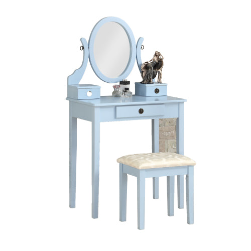 Moniya Blue Wood Makeup Vanity Table and Stool Set, 3 Drawers, Adjustable Oval Mirror