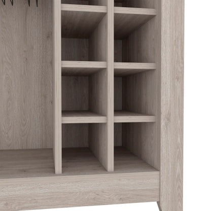 Bar- coffee cart 38 inch H, Kitchen or living room cabinet storage, with 8 bottle racks, a central shelf with  1 Cup holders, ideal for storing glasses, Light Gray