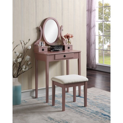 Moniya Rose Gold Wood Makeup Vanity Table and Stool Set, 3 Drawers, Adjustable Oval Mirror