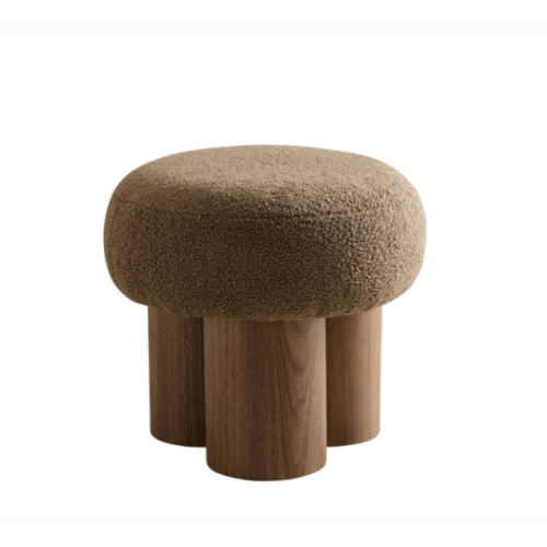 Brown Teddy Mushroom Ottoman Stool, Walnut Veneer Barrel Base Cute Footrest for Entryway & Kids Room