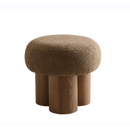 Brown Teddy Mushroom Ottoman Stool, Walnut Veneer Barrel Base Cute Footrest for Entryway & Kids Room