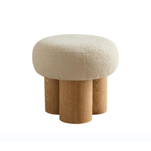 Beige Teddy Mushroom Ottoman, Walnut Finish Barrel Base Cute Foot Stool for Living Room Entryway