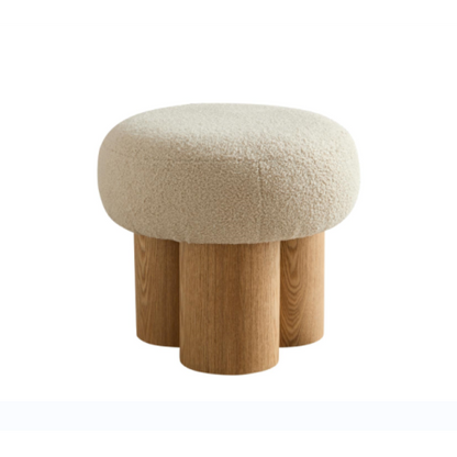 Beige Teddy Mushroom Ottoman, Walnut Finish Barrel Base Cute Foot Stool for Living Room Entryway