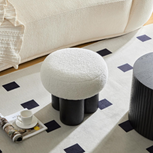 White Teddy Mushroom Ottoman Foot Stool, Imitation Wood Leg Cute Round Accent Seat for Entryway Bedroom