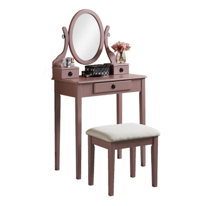 Moniya Rose Gold Wood Makeup Vanity Table and Stool Set, 3 Drawers, Adjustable Oval Mirror