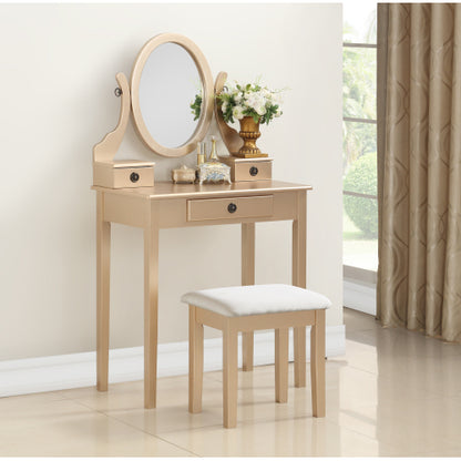 Wood Moniya Makeup Vanity Table and Stool Set, Gold