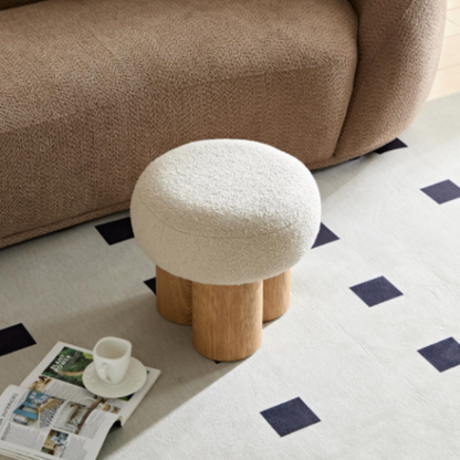 Beige Teddy Mushroom Ottoman, Walnut Finish Barrel Base Cute Foot Stool for Living Room Entryway