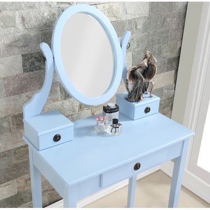 Moniya Blue Wood Makeup Vanity Table and Stool Set, 3 Drawers, Adjustable Oval Mirror