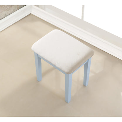 Moniya Blue Wood Makeup Vanity Table and Stool Set, 3 Drawers, Adjustable Oval Mirror